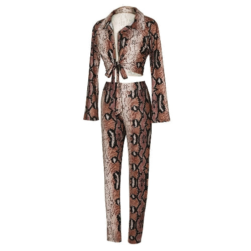 Sexy Women Two-piece Set Snake Print Crop Top Deep V Neck Bandage Long Sleeve Long Pants Slim Bodycon Suits Khaki