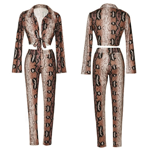 Sexy Women Two-piece Set Snake Print Crop Top Deep V Neck Bandage Long Sleeve Long Pants Slim Bodycon Suits Khaki