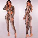 Sexy Women Two-piece Set Snake Print Crop Top Deep V Neck Bandage Long Sleeve Long Pants Slim Bodycon Suits Khaki