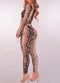 Sexy Women Two-piece Set Snake Print Crop Top Deep V Neck Bandage Long Sleeve Long Pants Slim Bodycon Suits Khaki