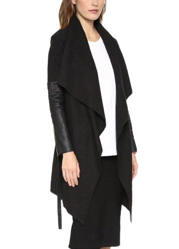 Autumn Winter Women Jacket Coat Large Lapel PU Leather Splice Overcoat Long Sleeve Casual Outerwear Black