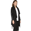 Autumn Winter Women Jacket Coat Large Lapel PU Leather Splice Overcoat Long Sleeve Casual Outerwear Black