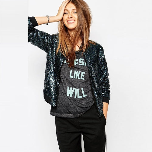 Women Sequin Coat Bomber Jacket Long Sleeve Zipper Streetwear Casual Loose Glitter Outerwear Blue