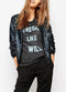 Women Sequin Coat Bomber Jacket Long Sleeve Zipper Streetwear Casual Loose Glitter Outerwear Blue