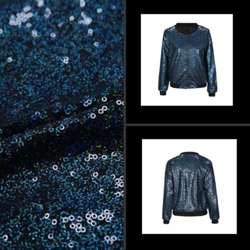 Women Sequin Coat Bomber Jacket Long Sleeve Zipper Streetwear Casual Loose Glitter Outerwear Blue