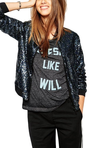 Women Sequin Coat Bomber Jacket Long Sleeve Zipper Streetwear Casual Loose Glitter Outerwear Blue