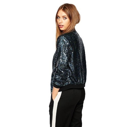 Women Sequin Coat Bomber Jacket Long Sleeve Zipper Streetwear Casual Loose Glitter Outerwear Blue