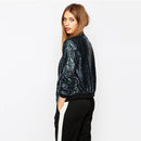 Women Sequin Coat Bomber Jacket Long Sleeve Zipper Streetwear Casual Loose Glitter Outerwear Blue