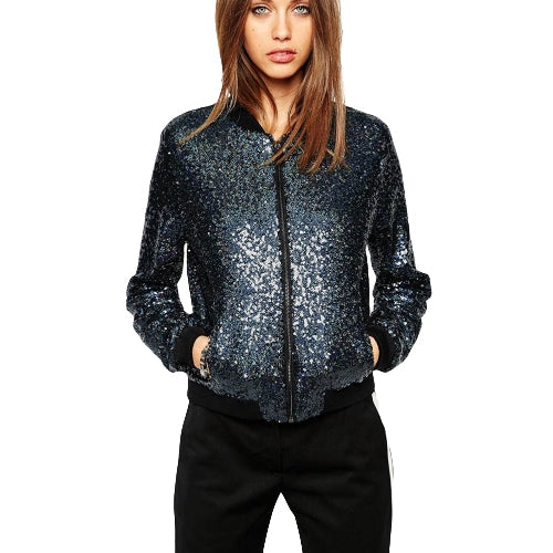 Women Sequin Coat Bomber Jacket Long Sleeve Zipper Streetwear Casual Loose Glitter Outerwear Blue