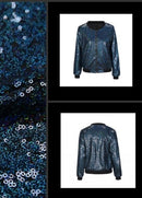 Women Sequin Coat Bomber Jacket Long Sleeve Zipper Streetwear Casual Loose Glitter Outerwear Blue