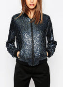 Women Sequin Coat Bomber Jacket Long Sleeve Zipper Streetwear Casual Loose Glitter Outerwear Blue