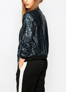 Women Sequin Coat Bomber Jacket Long Sleeve Zipper Streetwear Casual Loose Glitter Outerwear Blue