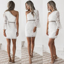 New Sexy Women Lace Dress One Shoulder Flare Sleeve Hollow Out Clubwear Party Dress White