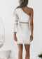 New Sexy Women Lace Dress One Shoulder Flare Sleeve Hollow Out Clubwear Party Dress White