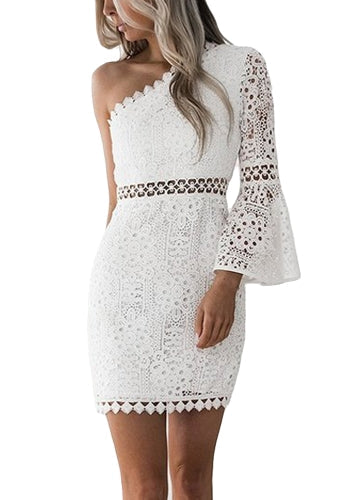 New Sexy Women Lace Dress One Shoulder Flare Sleeve Hollow Out Clubwear Party Dress White