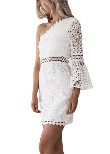 New Sexy Women Lace Dress One Shoulder Flare Sleeve Hollow Out Clubwear Party Dress White