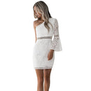 New Sexy Women Lace Dress One Shoulder Flare Sleeve Hollow Out Clubwear Party Dress White