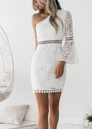 New Sexy Women Lace Dress One Shoulder Flare Sleeve Hollow Out Clubwear Party Dress White