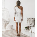 New Sexy Women Lace Dress One Shoulder Flare Sleeve Hollow Out Clubwear Party Dress White