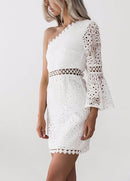 New Sexy Women Lace Dress One Shoulder Flare Sleeve Hollow Out Clubwear Party Dress White