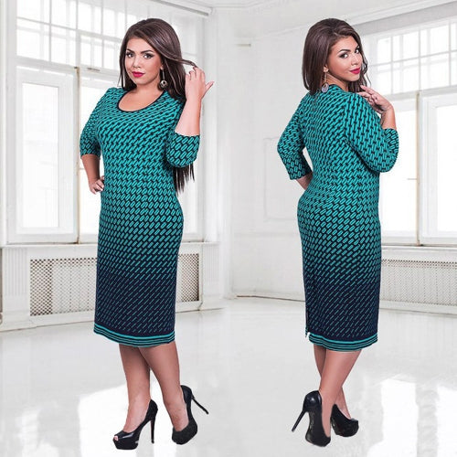 Women Plus Size Dress Houndstooth O-Neck Pencil Party Dress Ladies Bodycon Slim Casual Vestidos Green/Pink/White