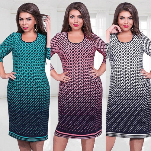 Women Plus Size Dress Houndstooth O-Neck Pencil Party Dress Ladies Bodycon Slim Casual Vestidos Green/Pink/White