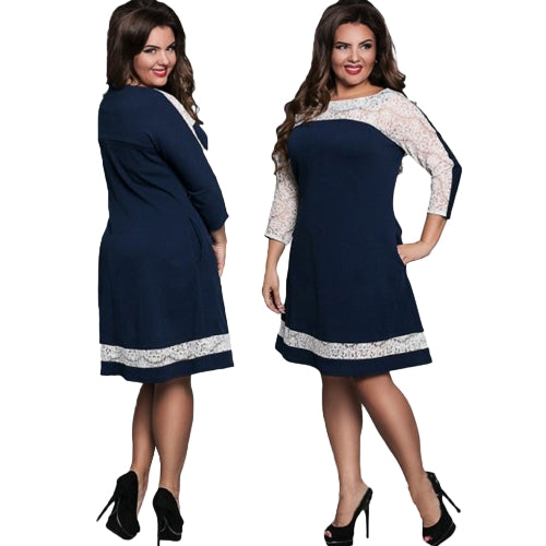 Women Plus Size Dress Semi-sheer Lace Mesh Splice Contrast Color Elegant A-Line Party Swing Dress Dark Blue/Pink/Rose