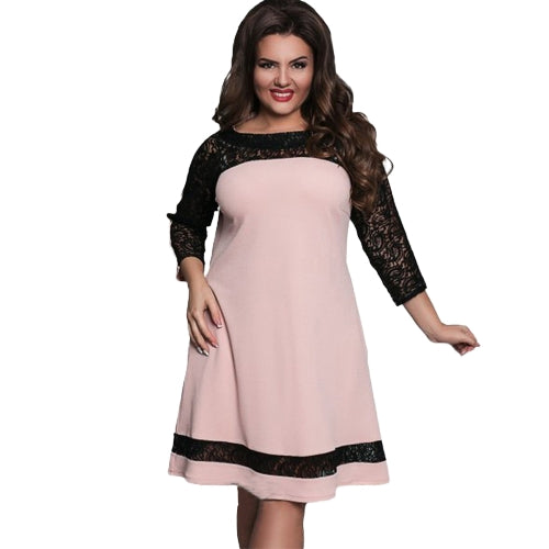 Women Plus Size Dress Semi-sheer Lace Mesh Splice Contrast Color Elegant A-Line Party Swing Dress Dark Blue/Pink/Rose