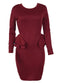 Women Pencil Party Dress Ruffles Long Sleeve Bodycon Slim Midi Club Vestidos Solid Dress Burgundy