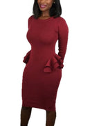 Women Pencil Party Dress Ruffles Long Sleeve Bodycon Slim Midi Club Vestidos Solid Dress Burgundy