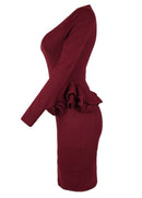 Women Pencil Party Dress Ruffles Long Sleeve Bodycon Slim Midi Club Vestidos Solid Dress Burgundy