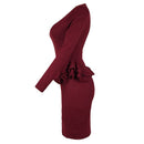 Women Pencil Party Dress Ruffles Long Sleeve Bodycon Slim Midi Club Vestidos Solid Dress Burgundy