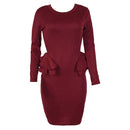 Women Pencil Party Dress Ruffles Long Sleeve Bodycon Slim Midi Club Vestidos Solid Dress Burgundy