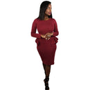 Women Pencil Party Dress Ruffles Long Sleeve Bodycon Slim Midi Club Vestidos Solid Dress Burgundy