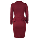 Women Pencil Party Dress Ruffles Long Sleeve Bodycon Slim Midi Club Vestidos Solid Dress Burgundy