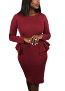 Women Pencil Party Dress Ruffles Long Sleeve Bodycon Slim Midi Club Vestidos Solid Dress Burgundy