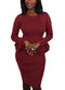 Women Pencil Party Dress Ruffles Long Sleeve Bodycon Slim Midi Club Vestidos Solid Dress Burgundy