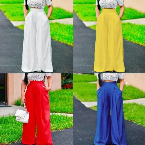 Women Pants Solid Color High Waist Wide Loose Legs Pockets Casual Palazzo Baggy Clubwear Trousers