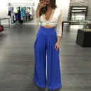 Women Pants Solid Color High Waist Wide Loose Legs Pockets Casual Palazzo Baggy Clubwear Trousers