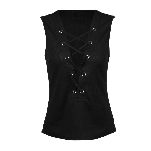 Sexy Women Crop Top Strappy Tank Tops Plunge V-Neck Lacing Up Sleeveless Solid Slim Vest Black/Grey