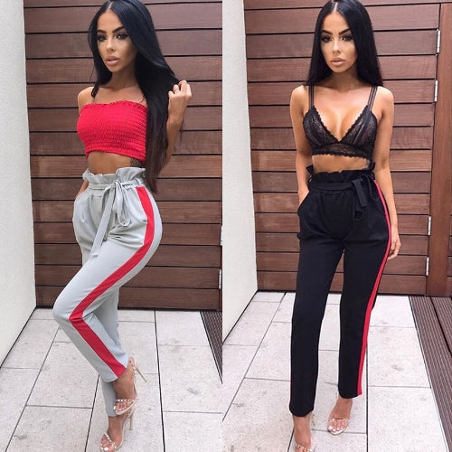 Women Casual Long Pants Striped High Waist Bandage Slim Harem Trousers Black/Grey