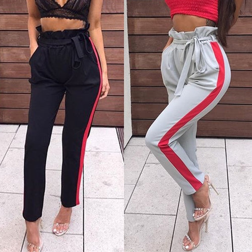 Women Casual Long Pants Striped High Waist Bandage Slim Harem Trousers Black/Grey