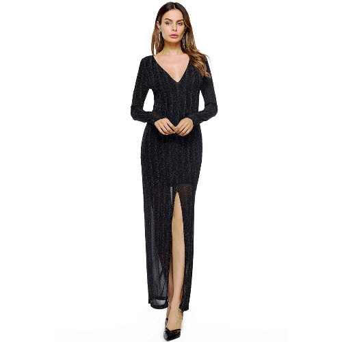 New Sexy Women Front Split Maxi Dress Deep V Neck Long Sleeve Formal Party Long Dress Black/Red