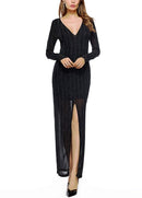 New Sexy Women Front Split Maxi Dress Deep V Neck Long Sleeve Formal Party Long Dress Black/Red