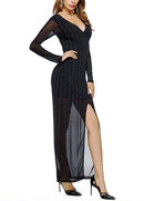 New Sexy Women Front Split Maxi Dress Deep V Neck Long Sleeve Formal Party Long Dress Black/Red