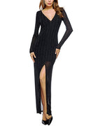 New Sexy Women Front Split Maxi Dress Deep V Neck Long Sleeve Formal Party Long Dress Black/Red