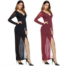 New Sexy Women Front Split Maxi Dress Deep V Neck Long Sleeve Formal Party Long Dress Black/Red