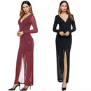 New Sexy Women Front Split Maxi Dress Deep V Neck Long Sleeve Formal Party Long Dress Black/Red