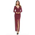 New Sexy Women Front Split Maxi Dress Deep V Neck Long Sleeve Formal Party Long Dress Black/Red