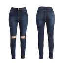 Women Ripped Jeans Denim Destroyed Holes Zipper Slim Skinny Pants Pencil Trousers Tights Dark Blue